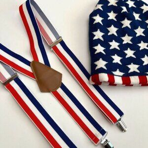 Red White Blue Beanie with Matching Suspenders Set American Flag Accessories V16
